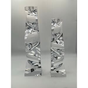 Mikasa Platinum Prism Crystal Candle Holders Pair 12” & 9.5” Modern Decor